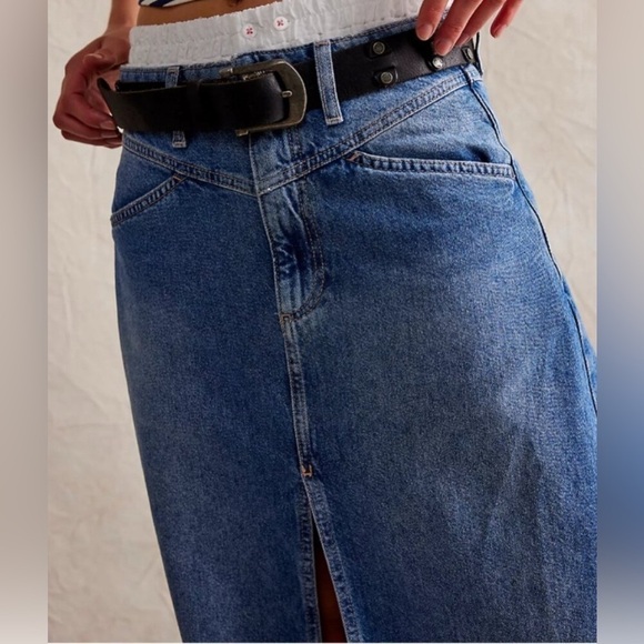 #5 NWT Free People Come As You Are Denim Maxi Skirt in Sapphire Blue With Slit - Picture 4 of 7